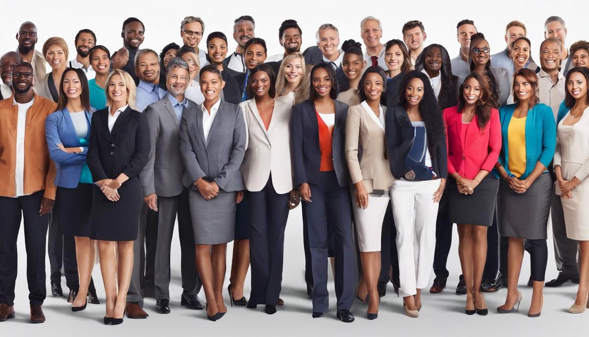 A diverse group of people standing together, representing the ideal customers, with dashes instead of spaces