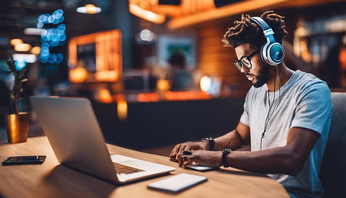Image depicting a person typing on a laptop while wearing headphones, representing the concept of influencer marketing
